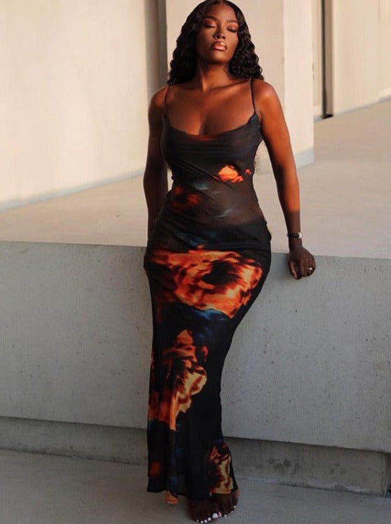 Black Floral Printed U-Neck Maxi Dress