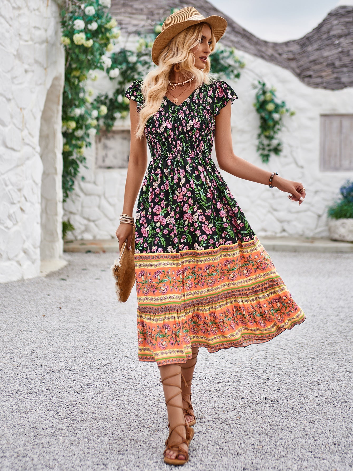 Abito slim casual a vita alta con pieghe floreali Boho 