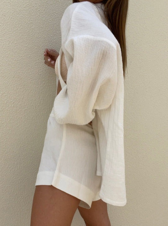 Women's White Casual Two Piece Set Solid Color Long Sleeve