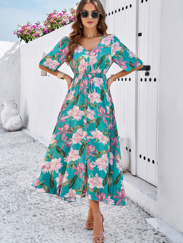 Green Floral Printed Large Swing Dress