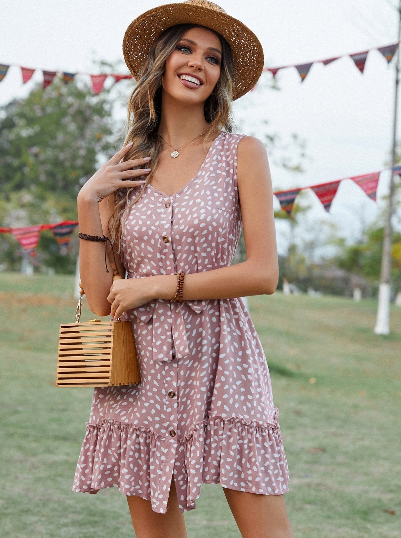 Sleeveless Tie Waist Polka Dots Mini Dress