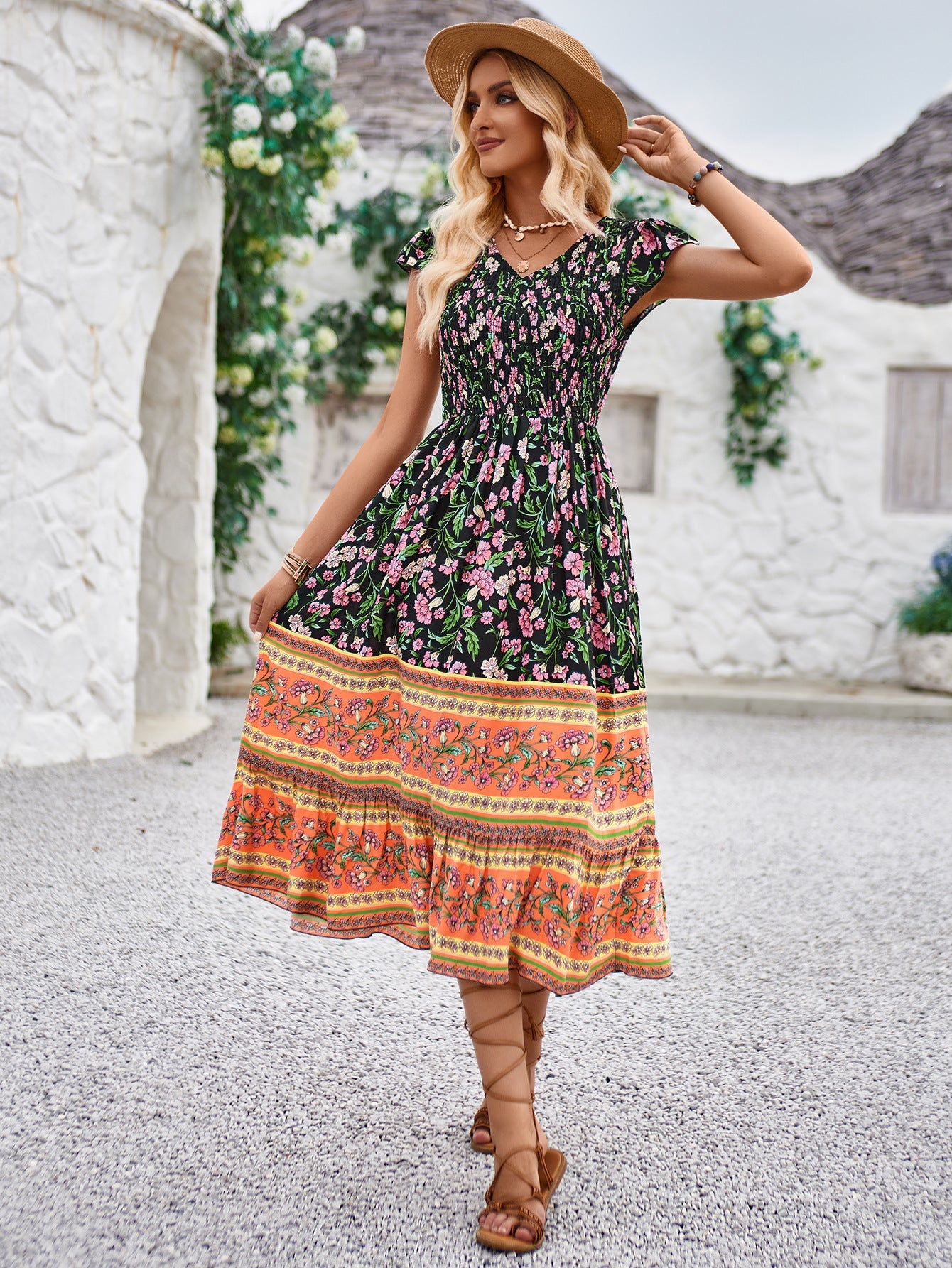 Abito slim casual a vita alta con pieghe floreali Boho 