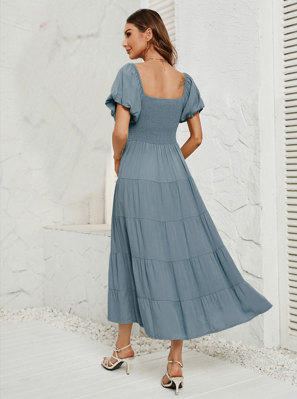 Gray and Blue High Waist Bubble Sleeve Square Neck Maxi Dress