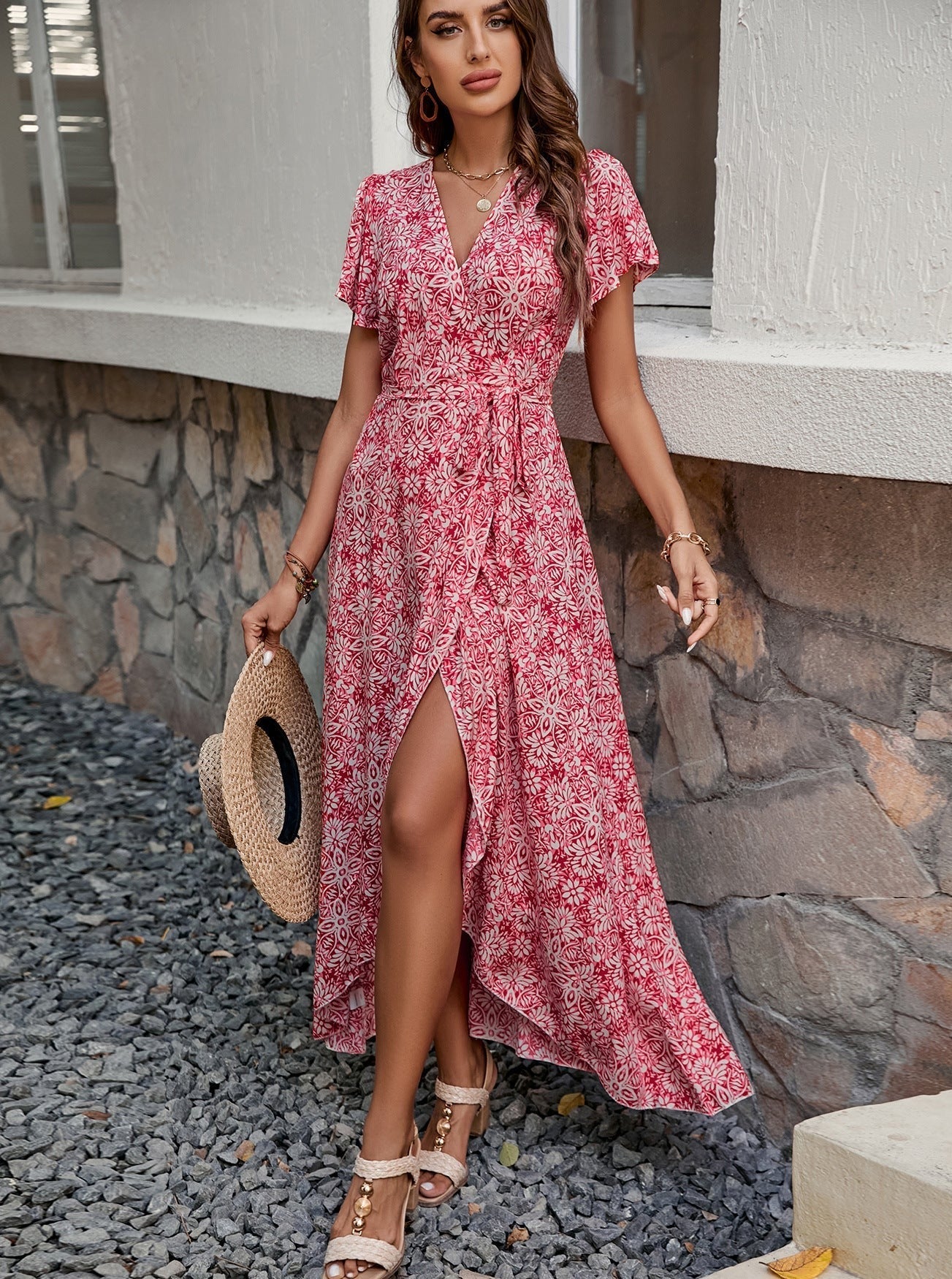 Short Sleeved V-Neck Tie Waist Rustic Printed Dress