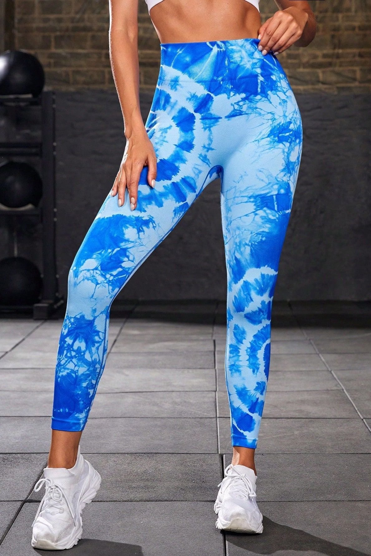 Pantaloni da yoga a vita alta tie-dye blu senza cuciture 