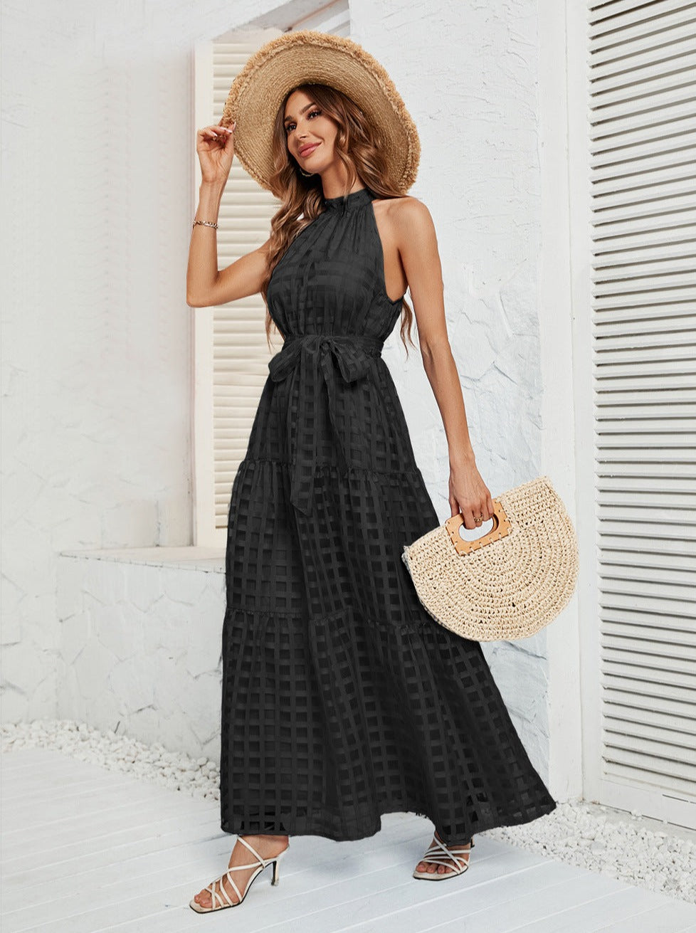 Black Halter Mesh Belted Maxi Dress