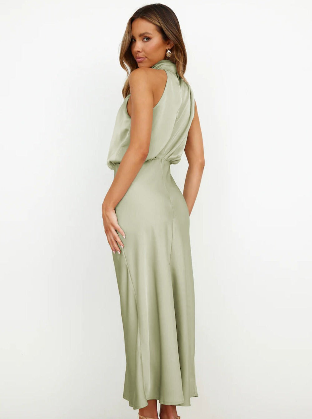 Elegant Light Green Halter Neck Dress