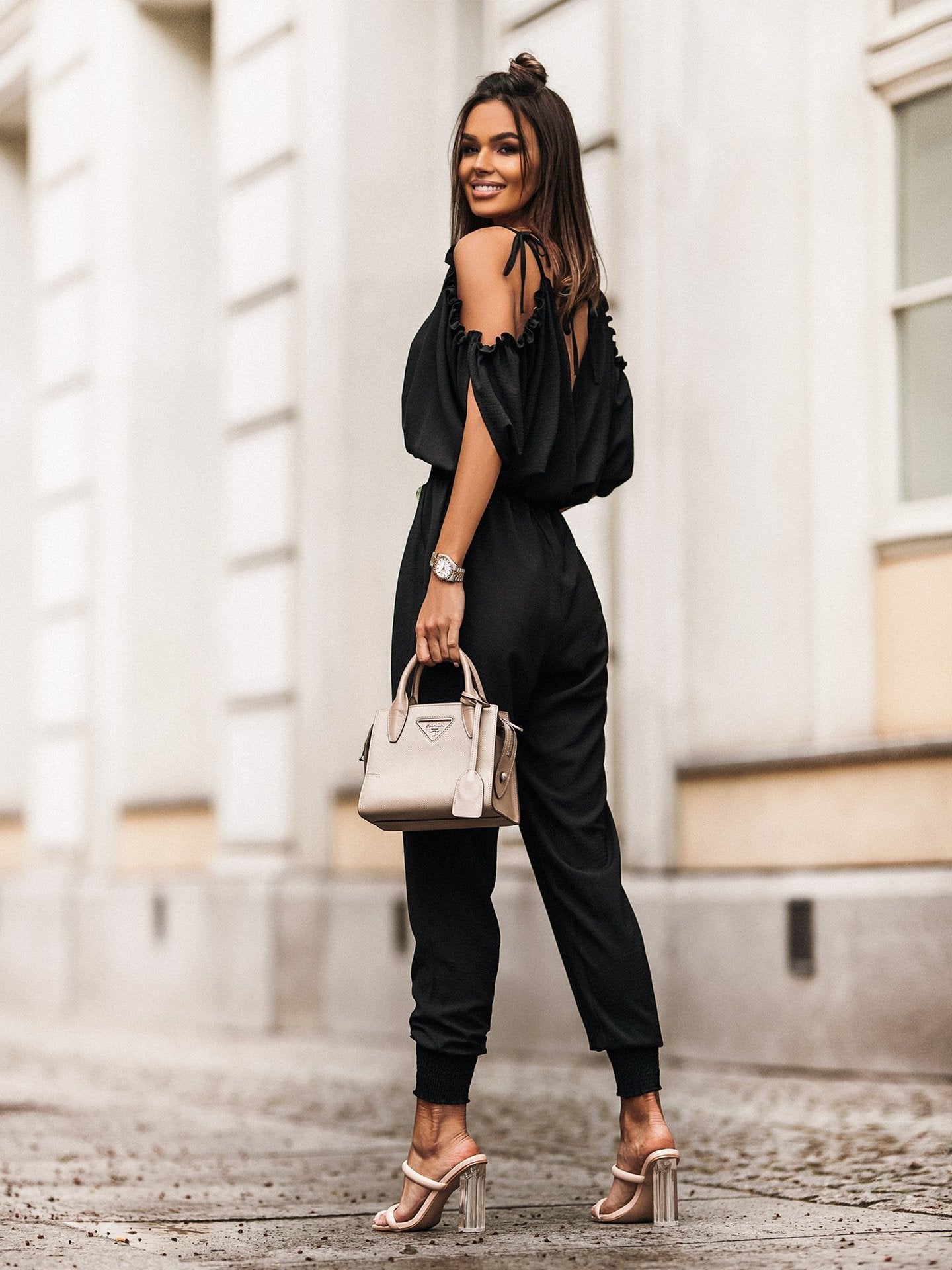 Casual Deep V-Neck Pocket Elastic Waist Jumpsuit