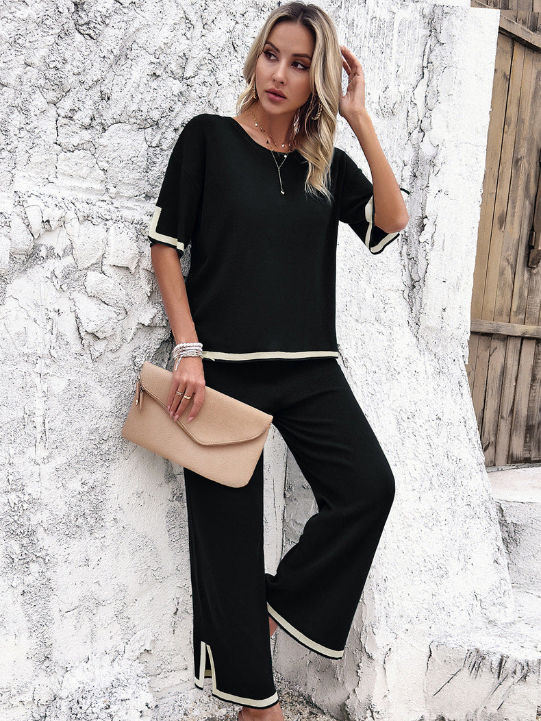 Black Casual Short Sleeved Knitted Shirt and Pants