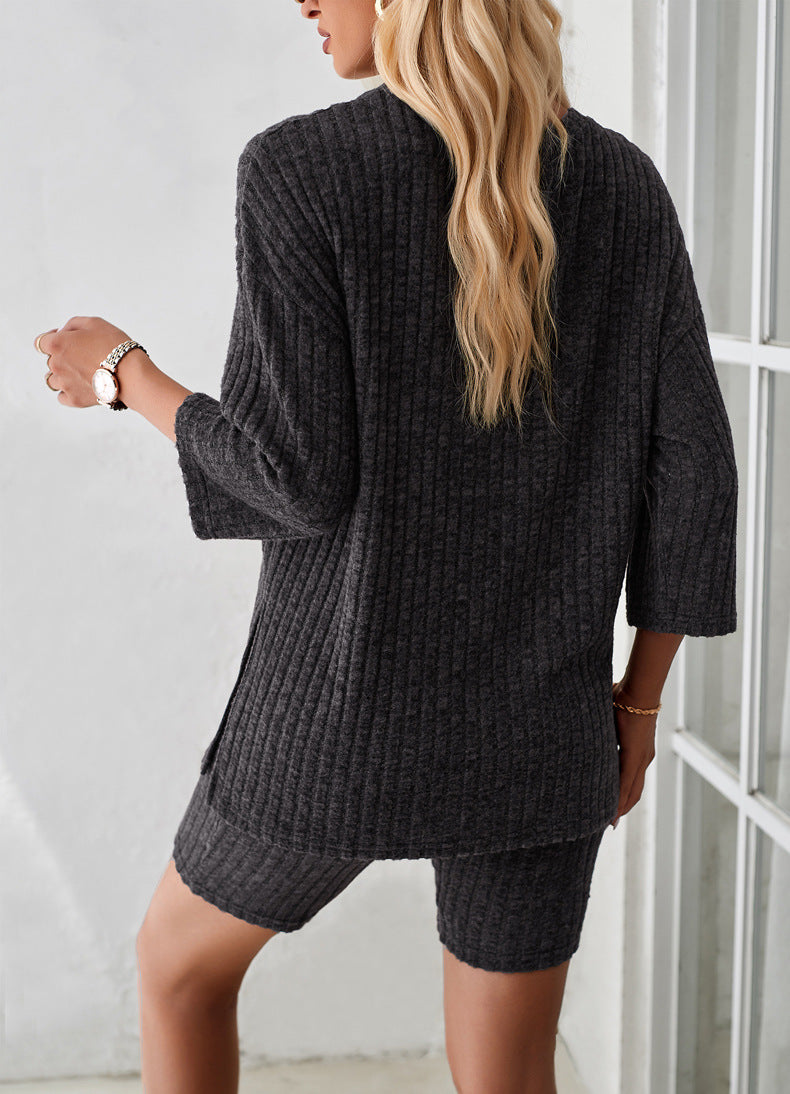 Deep Grey Long Sleeve Knitted Shirt and Shorts Set