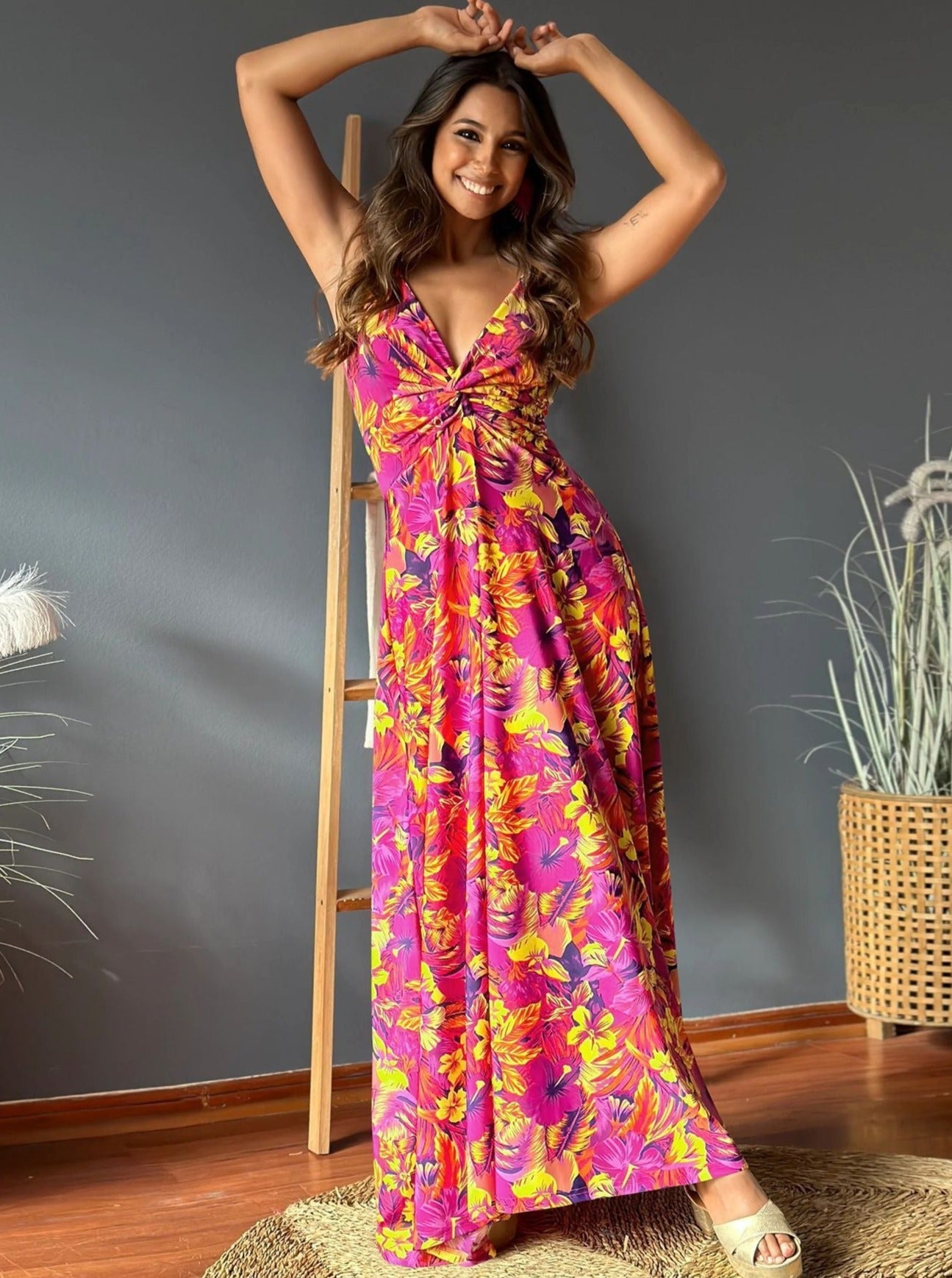 Elegant V-Neck Printed Twisted Chic Long A-Line Dress