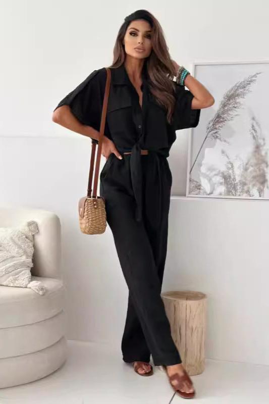 Solid Casual Lapel Button Shirt And Wide Leg Pant Sets