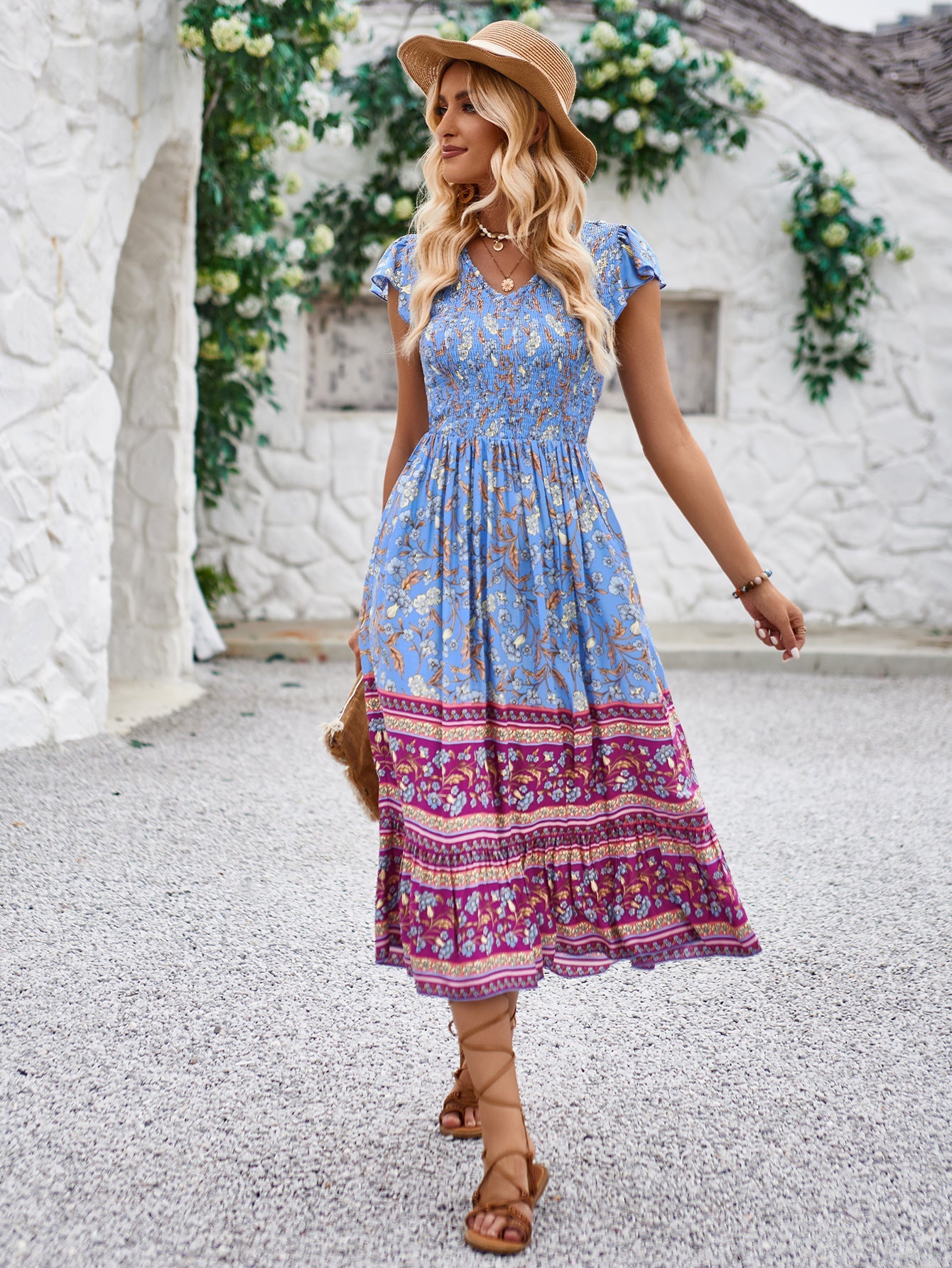 Abito slim casual a vita alta con pieghe floreali Boho 