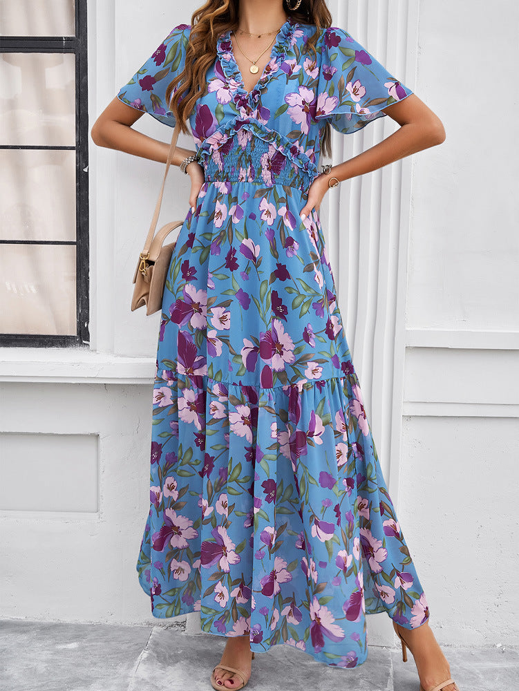 Blue V-Neck Floral Printed Sundress