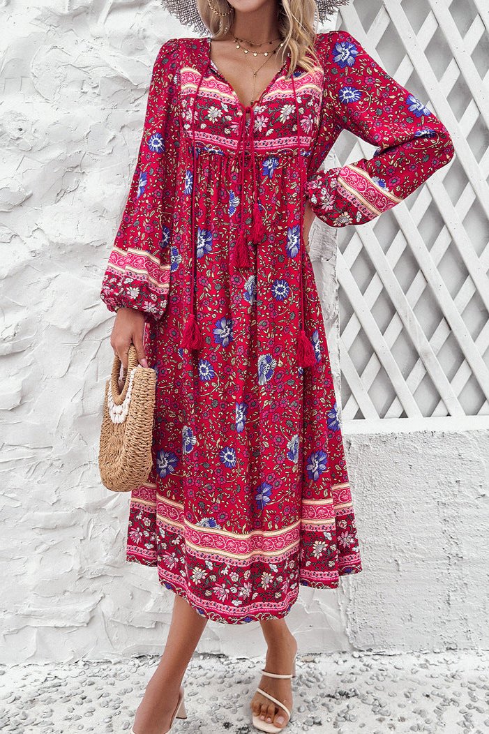 Boho Midikleid Langarm Ethno-Muster Blumenkleid - Lässiges Sommerkleid