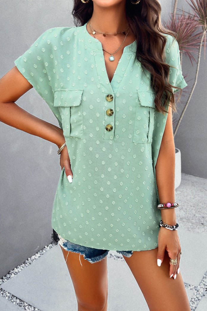 Blusa ricamata con scollo a V e maniche a cappuccio color acquamarina 