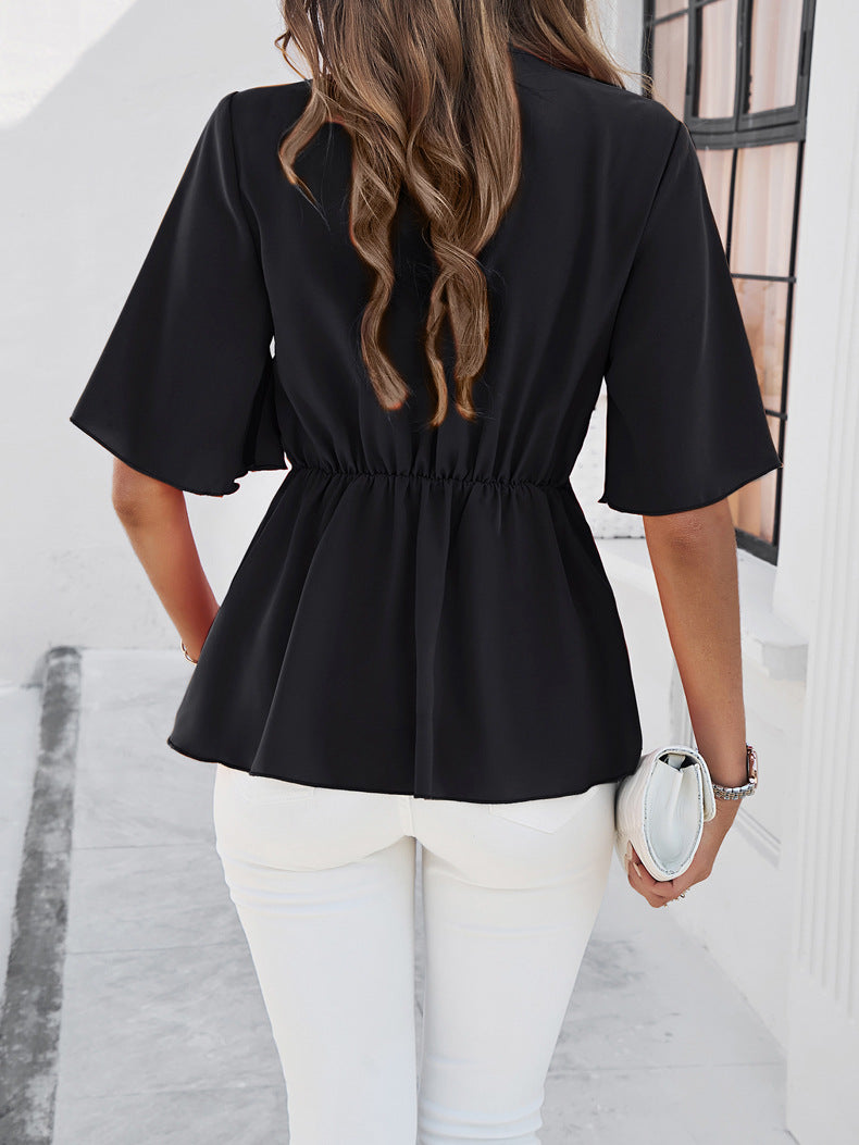 Black V-Neck Ribbon Tie Blouse