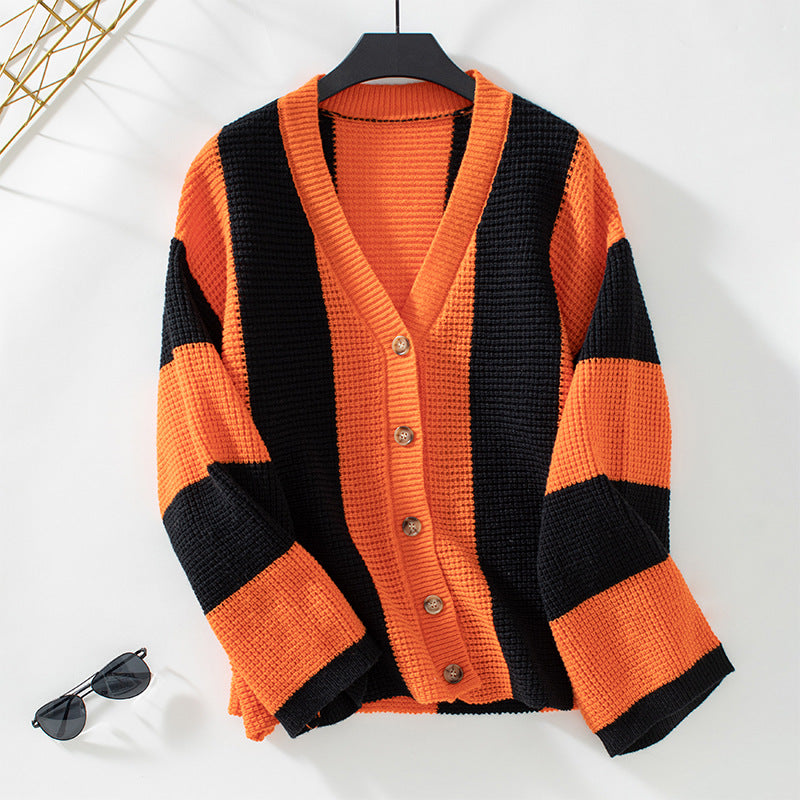 Classy V-Neck Buttoned Stripes Long Sleeve Cardigan