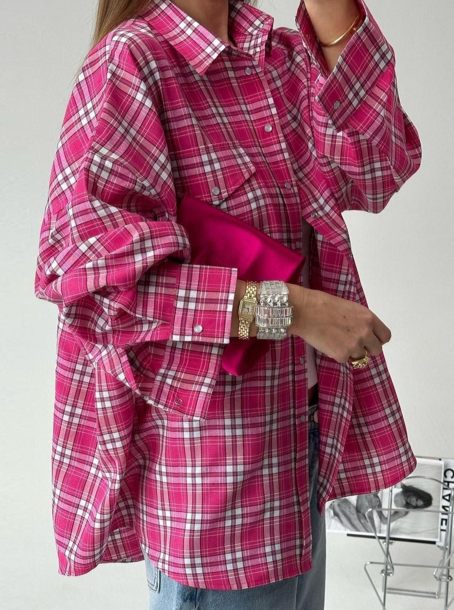 Pink Plaid Long Sleeve Loose Shirt