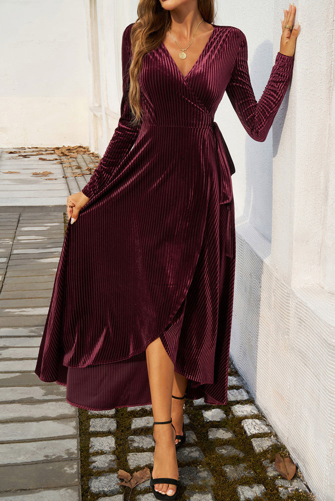 Elegant Long-Sleeve Velvet Wrap Dress