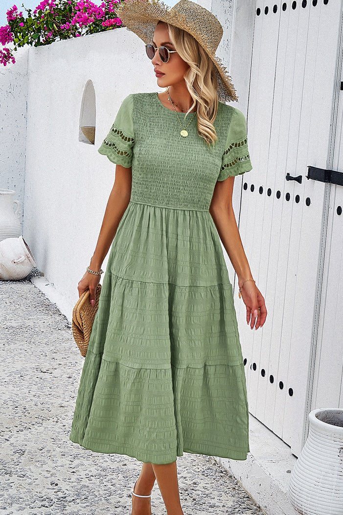 Abito midi a trapezio con maniche in pizzo all'uncinetto, casual verde 