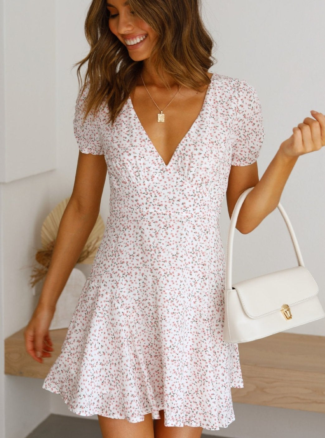 V-Neck Short Sleeved Floral Printed White Dress