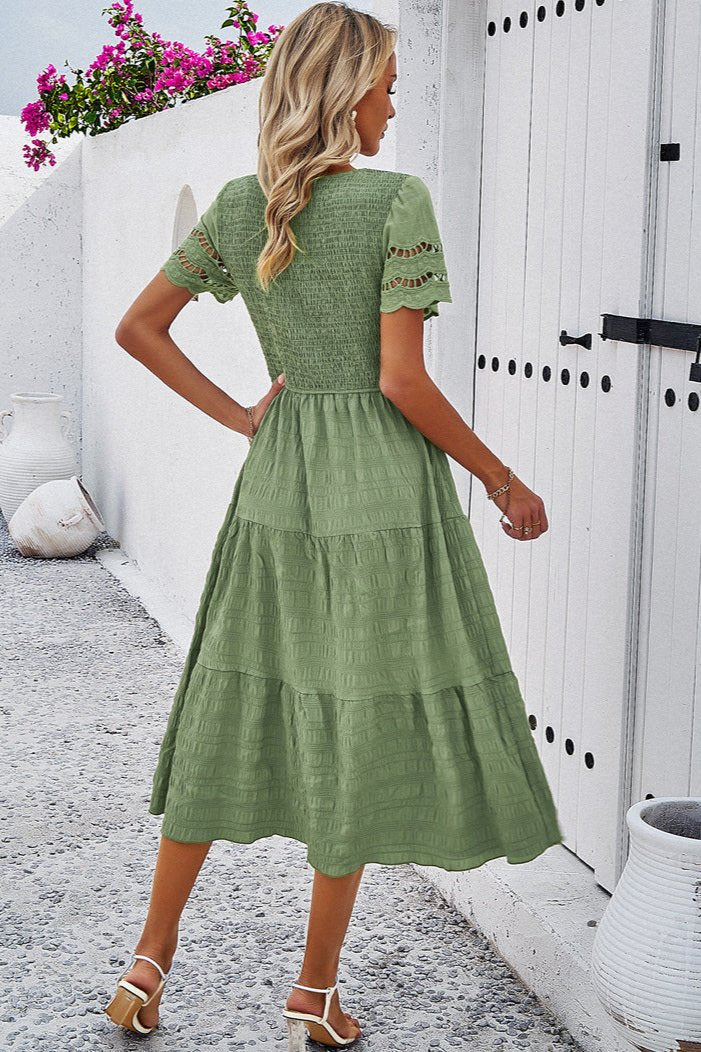 Casual Solid Crochet Lace Sleeve A-Line Midi Dress