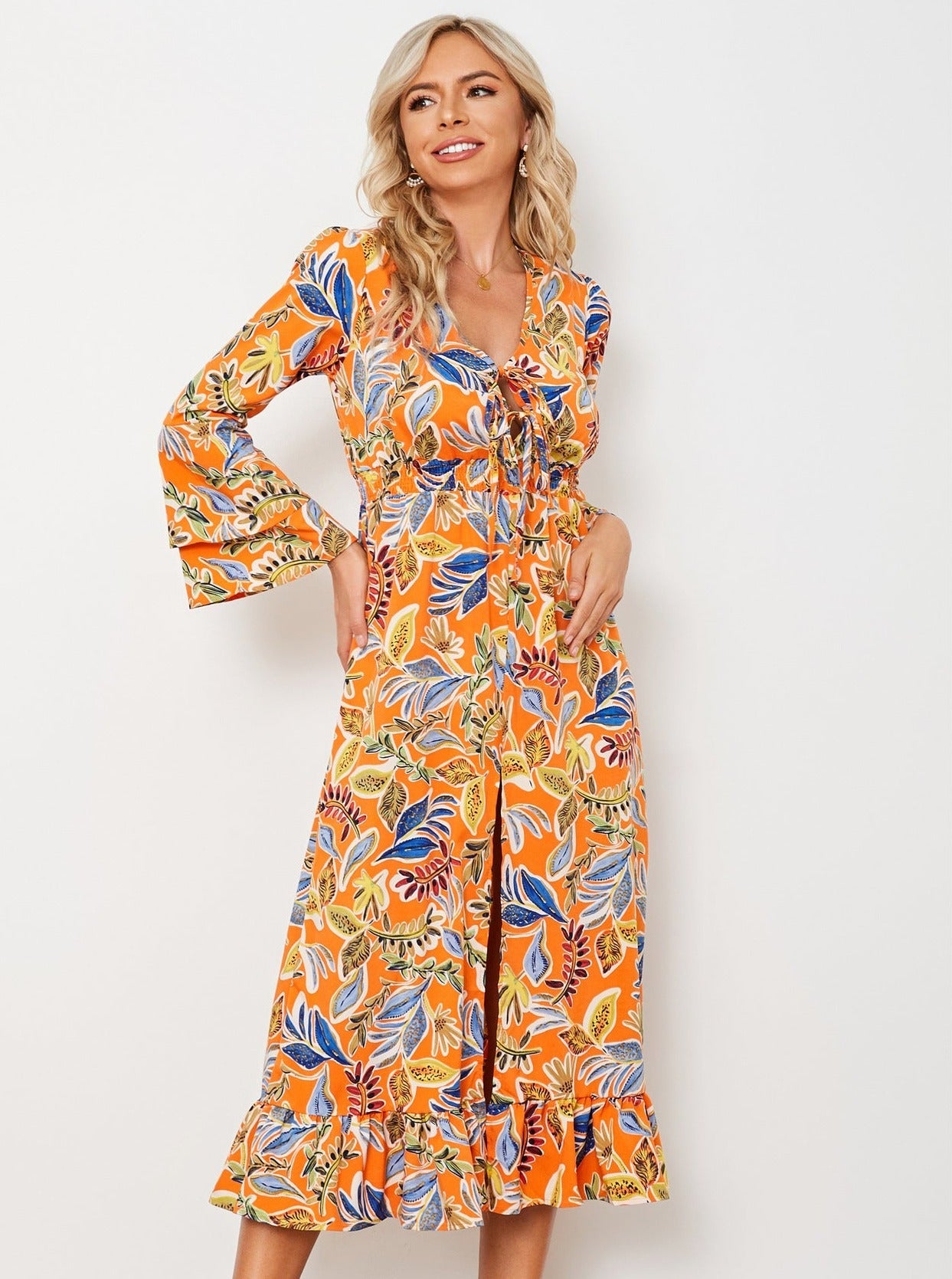 Orange V-Neck Floral Long Sleeve Midi Dress