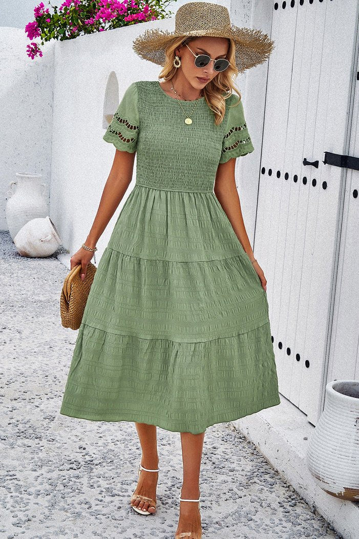 Abito midi a trapezio con maniche in pizzo all'uncinetto, casual verde 