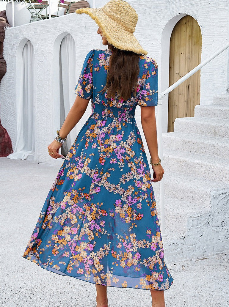 Blue Smocked Floral V-Neck Short Sleeve Dress