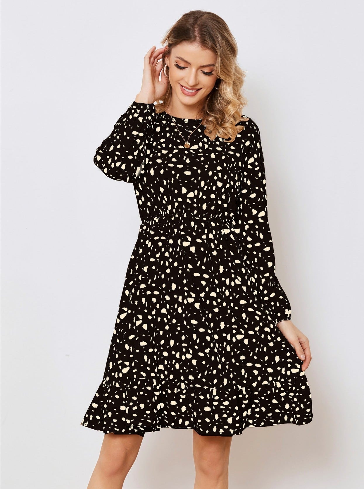 Floral Long Sleeve Temperament Waist Dress