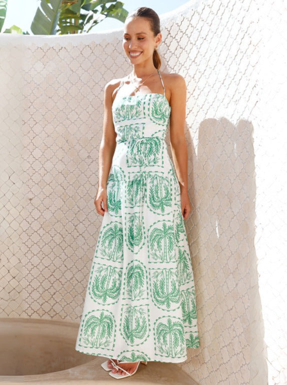 Green Floral Halter Neck Maxi Dress