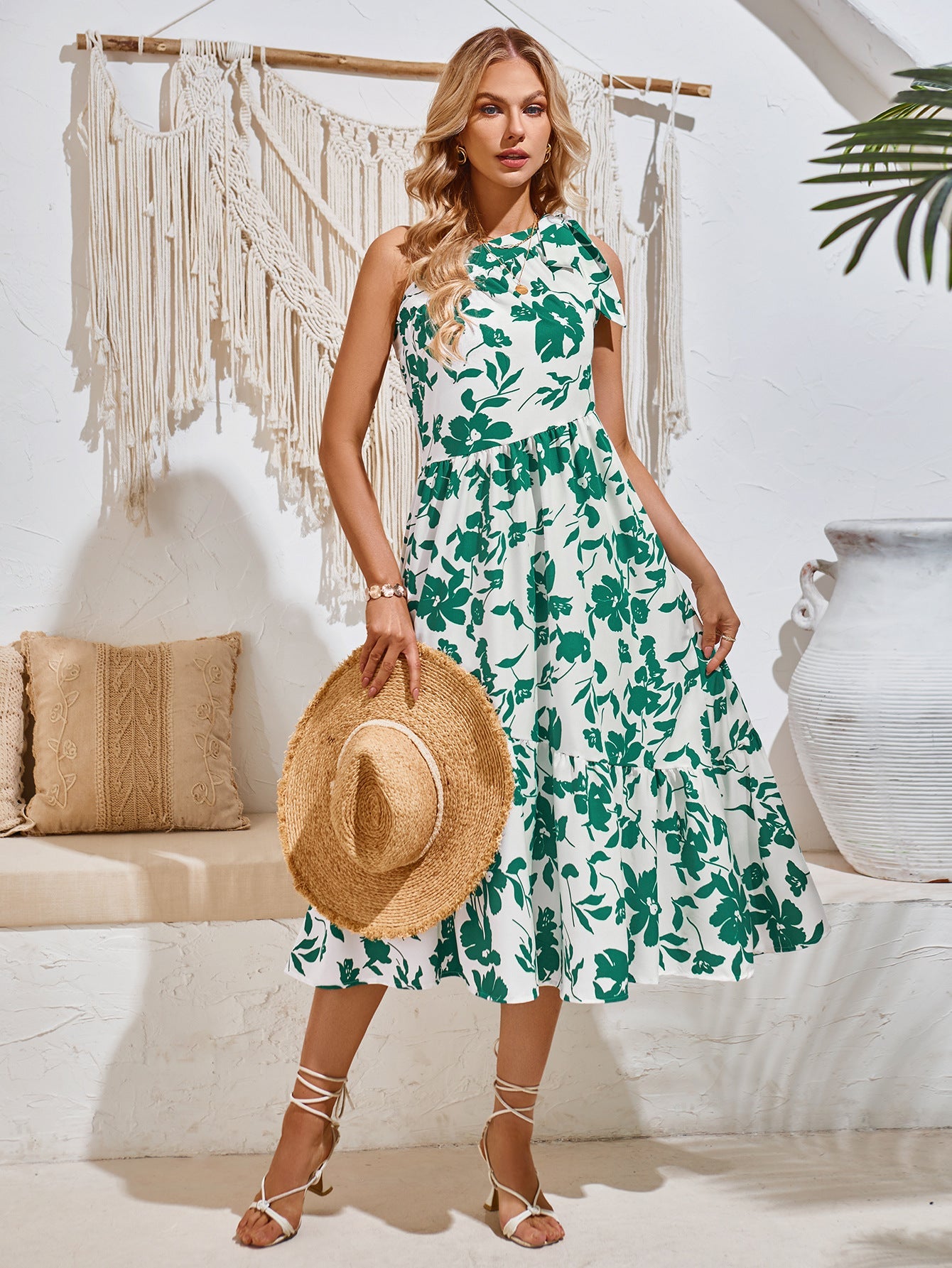 One Shoulder Floral Printed Pleated Dress