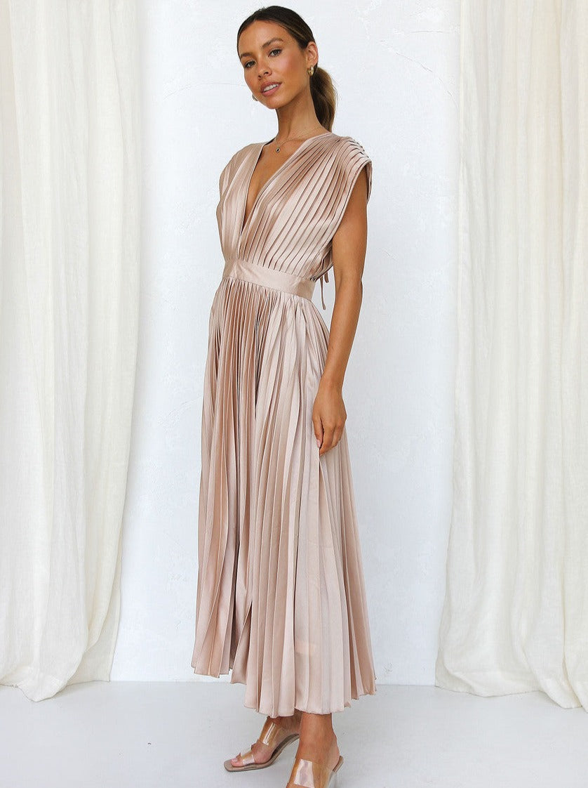 Pink Casual V-Neck Pleated Dress