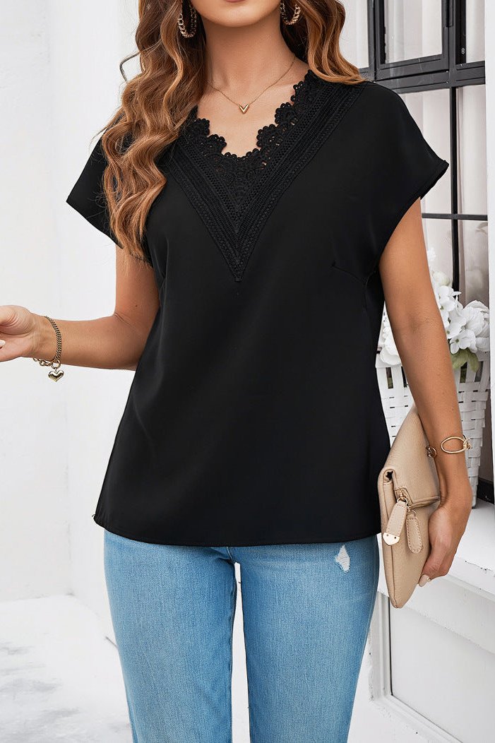 Black Elegant V-Neck Lace Short Sleeve Shirt