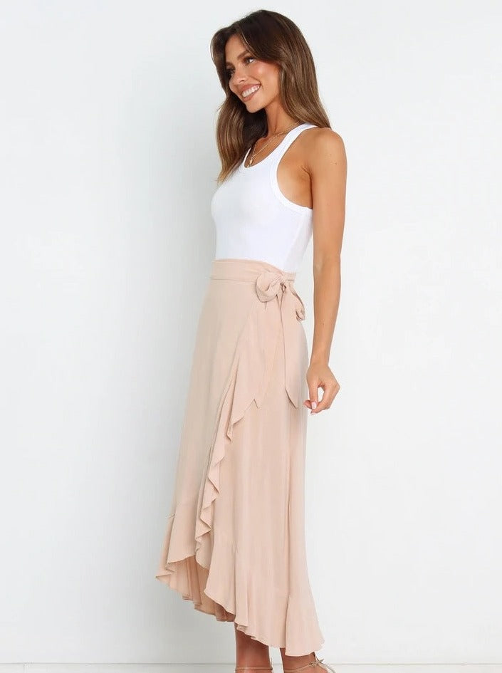 One-Piece Strappy Long Apricot Asymmetrical Skirt