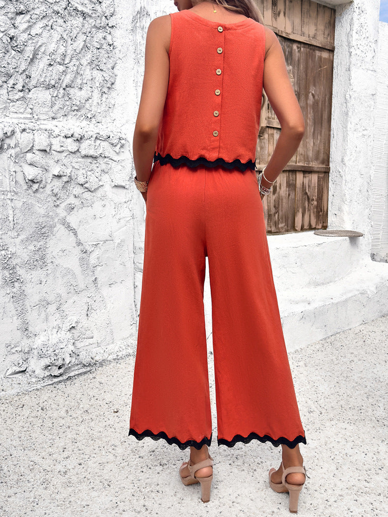 Orange Casual Laced Sleeveless and Wide Leg Pants