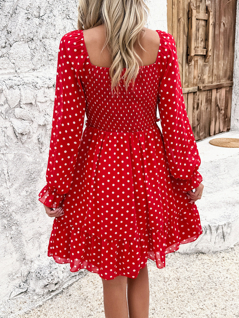 Abito casual a pois con spalle scoperte rosso 