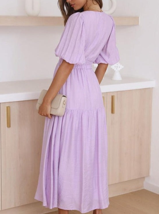 Solid Color Fluff Sleeve V-Neck Pleated Dress