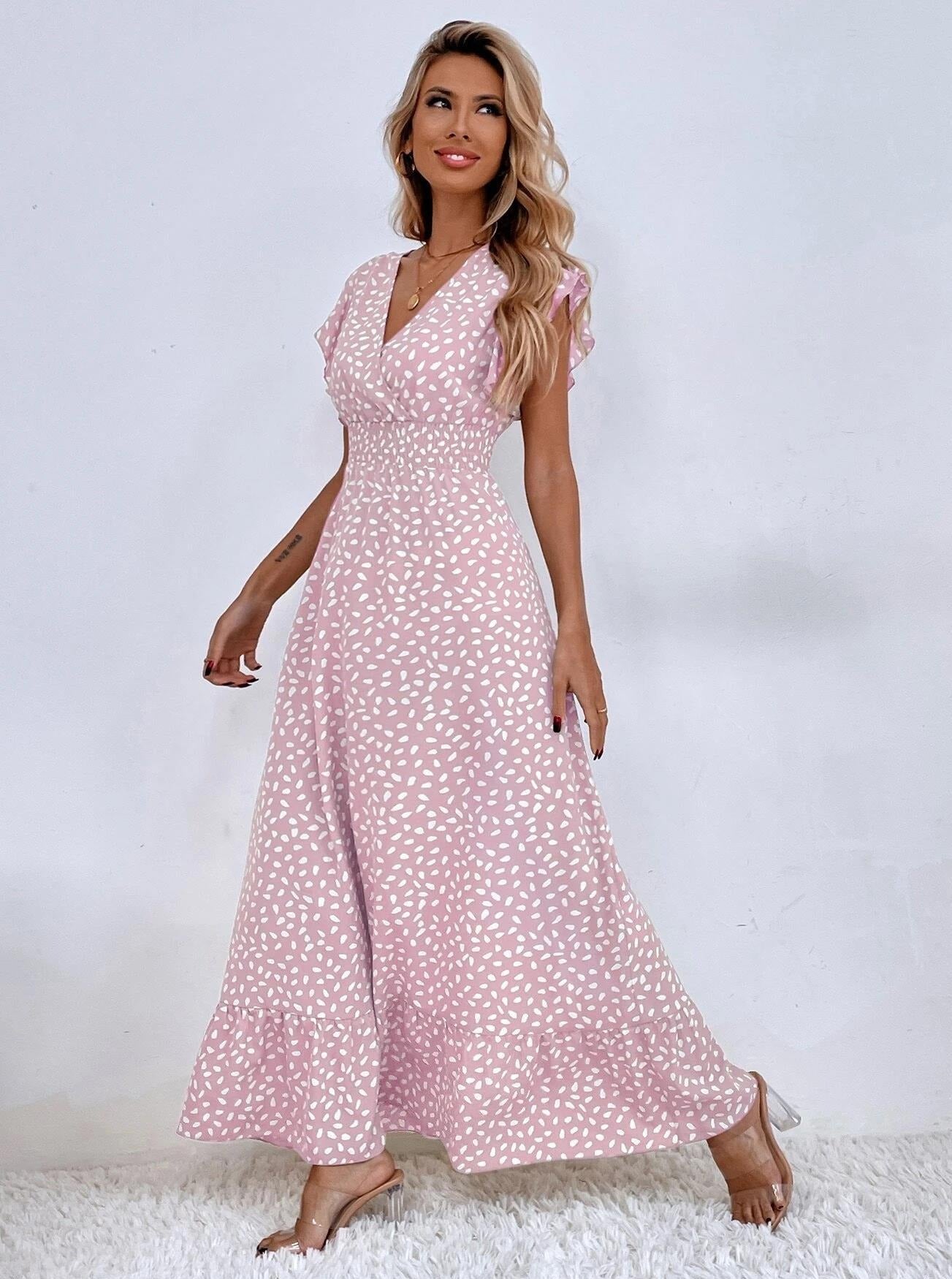 V-Neck Butterfly Sleeve Allover Print Maxi Dress