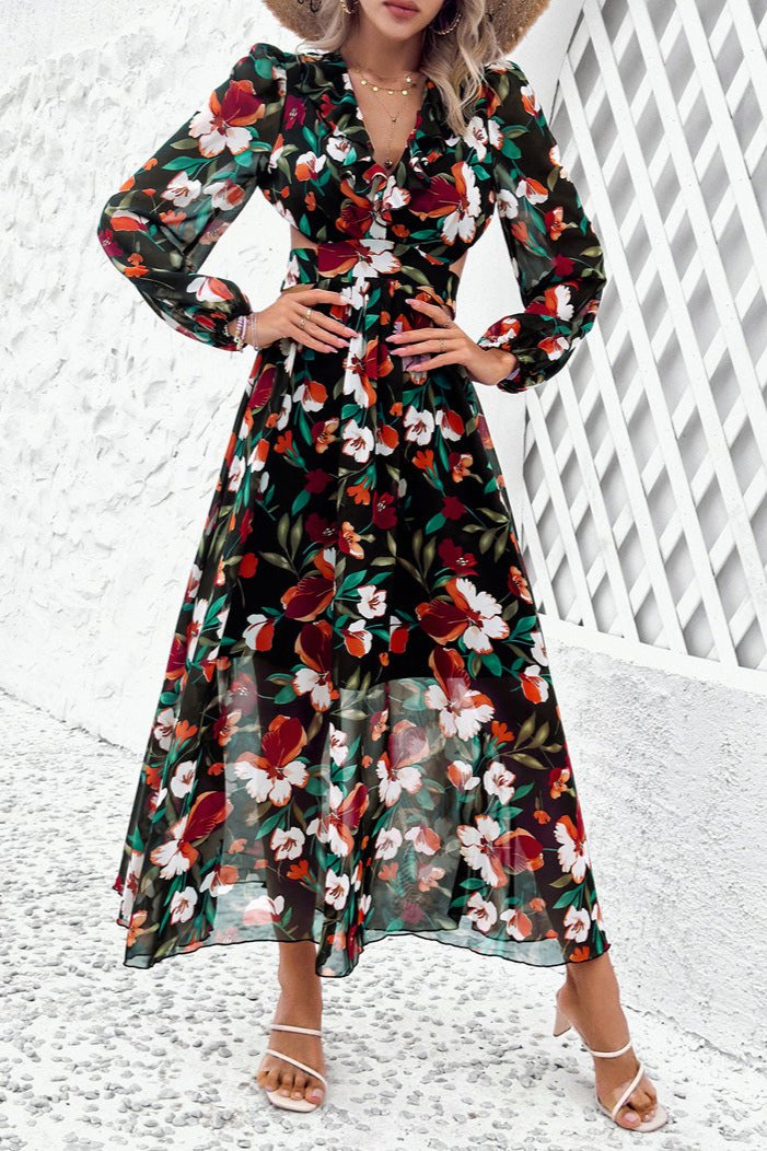 Long Sleeve Deep V-Neck Floral Maxi Dress