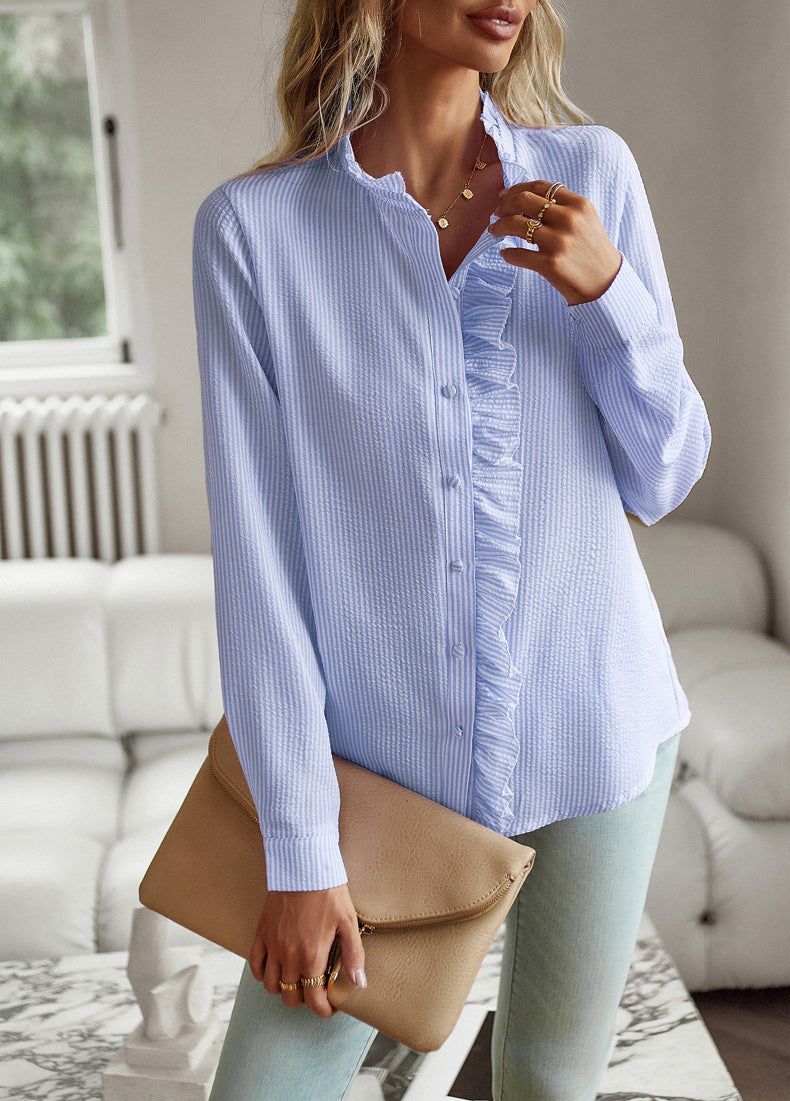 Camicia a maniche lunghe con colletto in pizzo blu 