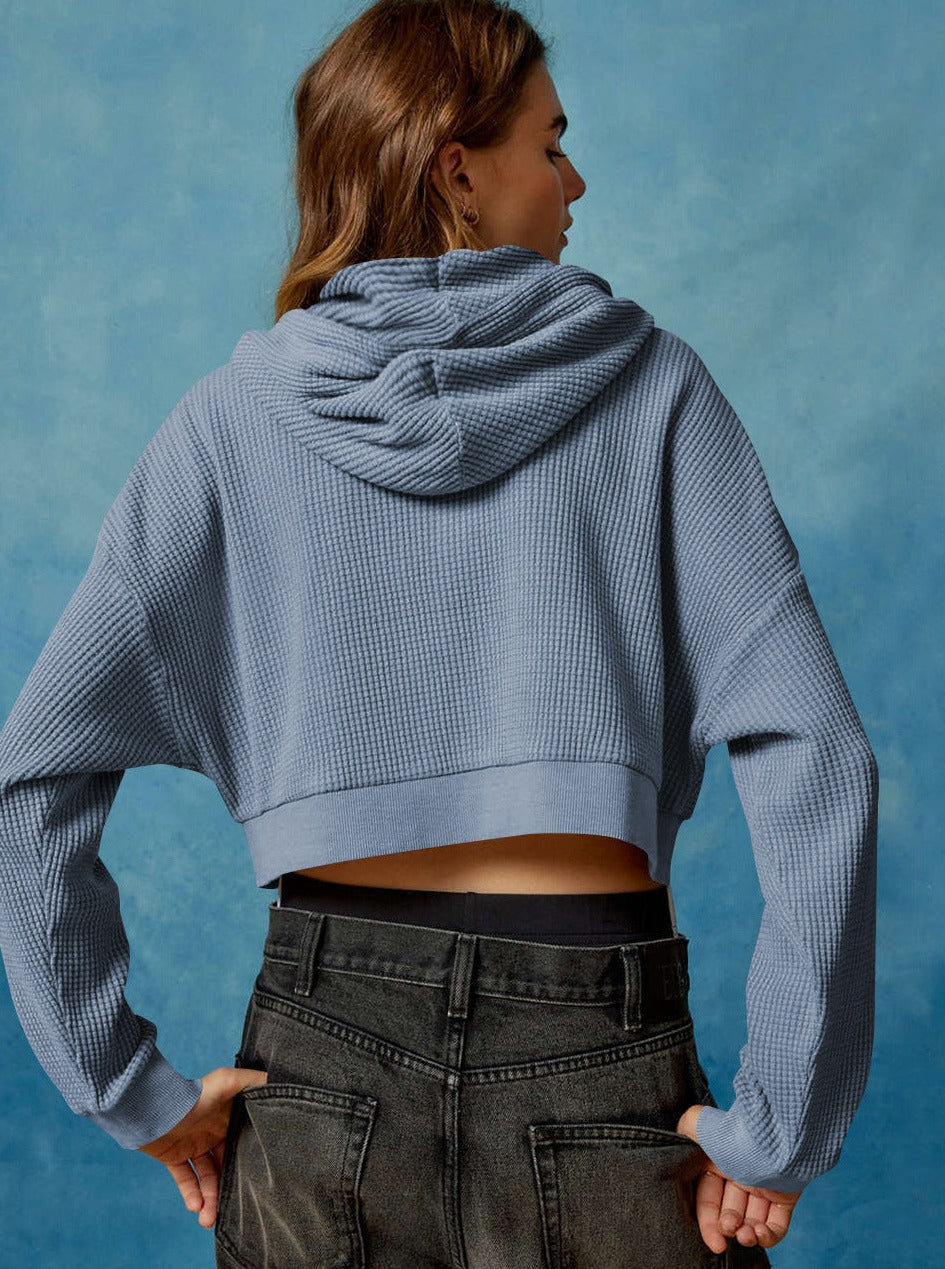 Solid Plain Blue Waffle Knit Zip Up Hoodie