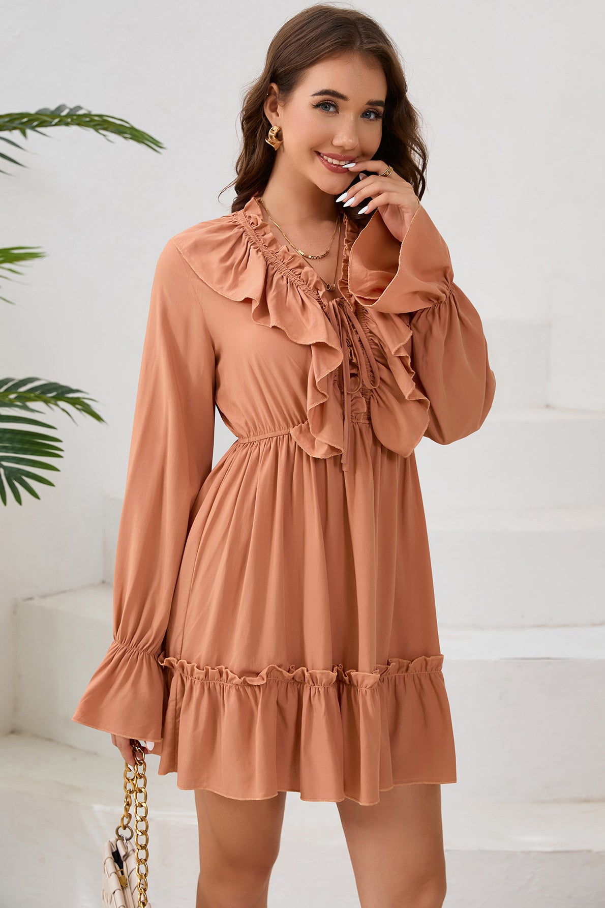 Tie-Neck Ruffled Mini Dress