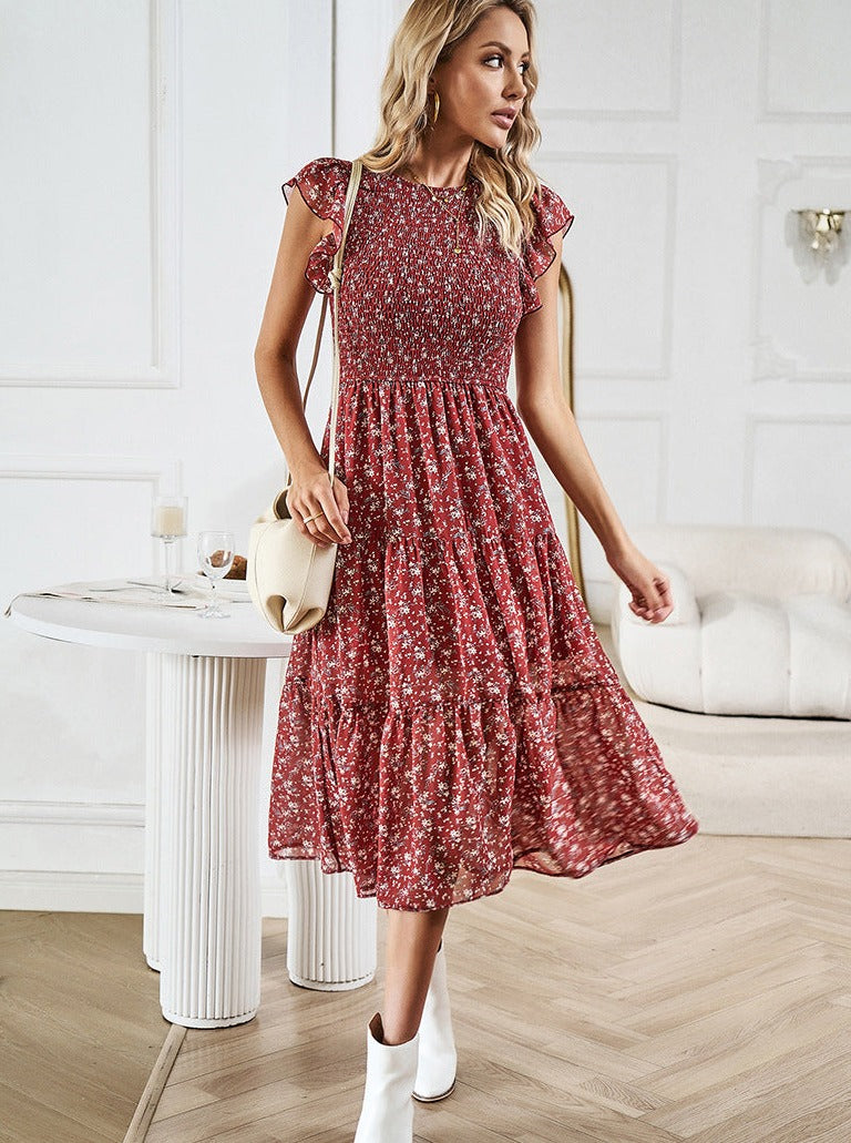 Floral Waist Defined Ruffle Trim Midi Dress