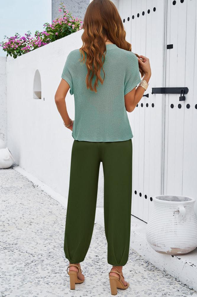 Green Round Neck Short Sleeve Top and Pants Set