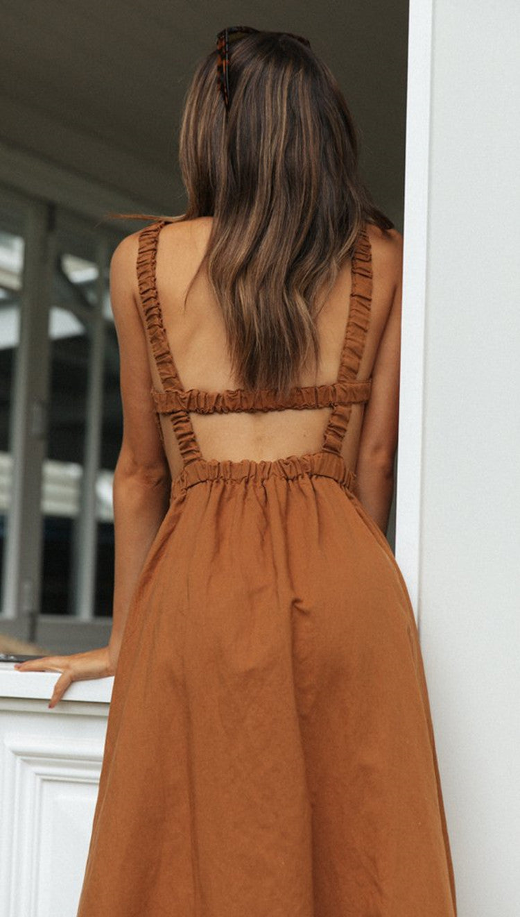 Brown Round Neck Backless Swing Dress