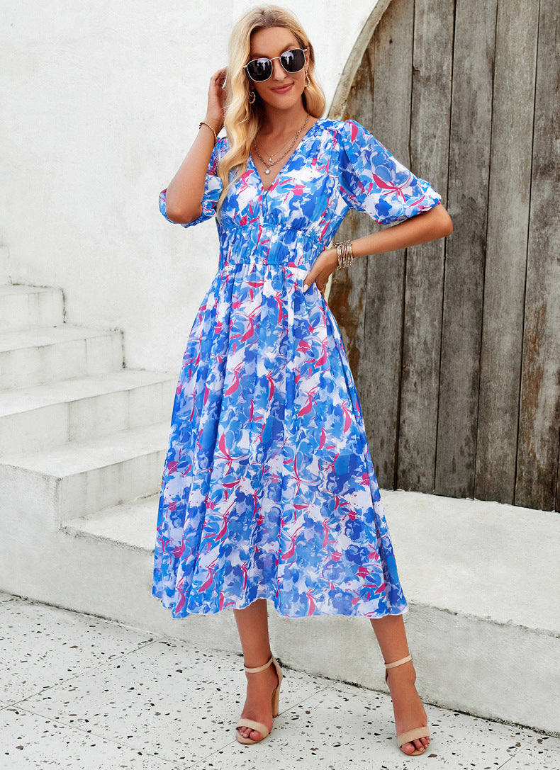 Casual V-Neck Printed High Waist Long Dress