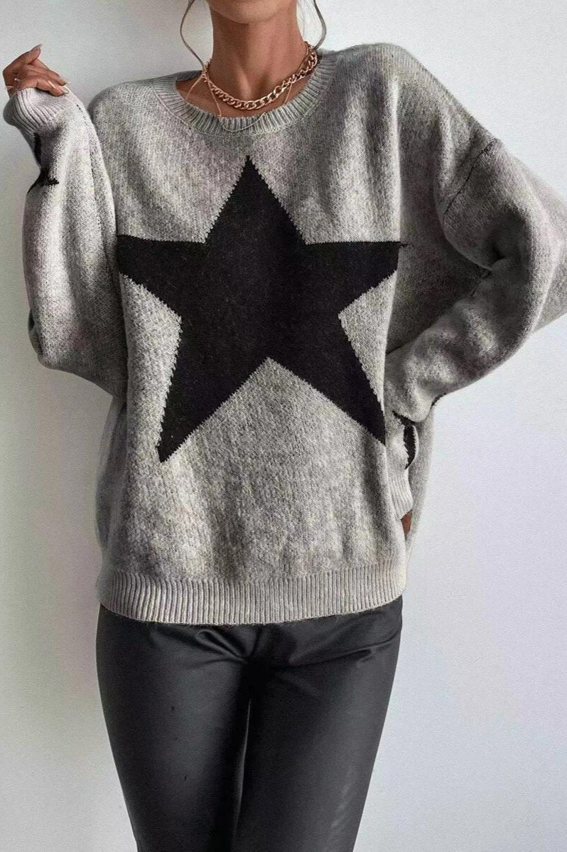 Grey Long Sleeve Star Print Sweater