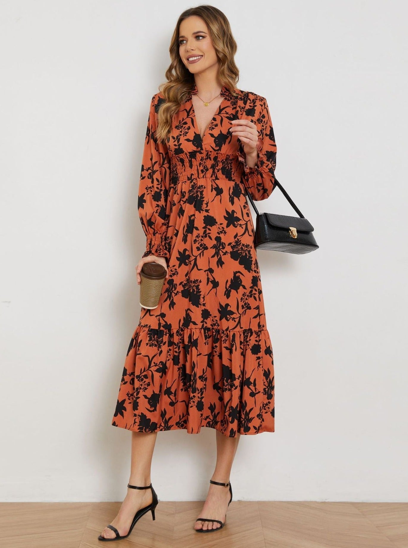 Floral Print V-Neck High Waist Long Sleeve Midi Dress